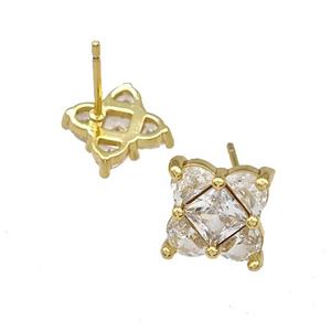 Copper Stud Earrings Micro Pave Zirconia Flower Gold Plated, approx 11mm [FN41720-11MM]