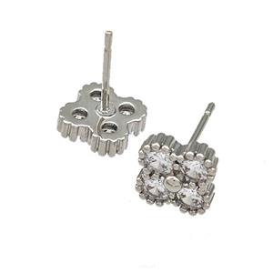 Copper Stud Earrings Micro Pave Zirconia Flower Platinum Plated, approx 8mm [FN41721]