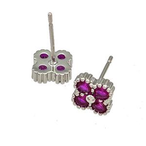 Copper Stud Earrings Micro Pave Fuchsia Zirconia Flower Platinum Plated, approx 8mm [FN41722]