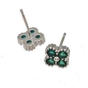 Copper Stud Earrings Micro Pave Green Zirconia Flower Platinum Plated, approx 8mm [FN41723]
