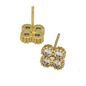 Copper Stud Earrings Micro Pave Zirconia Flower Gold Plated, approx 8mm [FN41724]