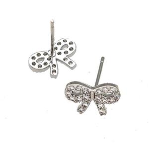 Copper Bow Stud Earrings Pave Zirconia Platinum Plated, approx 7-11mm [FN41729]