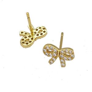 Copper Bow Stud Earrings Pave Zirconia Gold Plated, approx 7-11mm [FN41730]