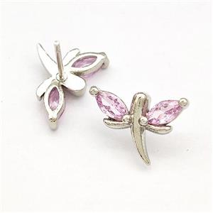 Copper Dragonfly Stud Earrings Pave Pink Zirconia Platinum Plated, approx 10-15mm [FN41734]