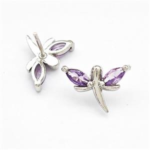 Copper Dragonfly Stud Earrings Pave Purple Zirconia Platinum Plated, approx 10-15mm [FN41735]