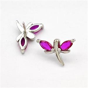 Copper Dragonfly Stud Earrings Pave Fuchsia Zirconia Platinum Plated, approx 10-15mm [FN41736]