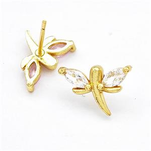 Copper Dragonfly Stud Earrings Pave Zirconia Gold Plated, approx 10-15mm [FN41738]