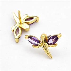 Copper Dragonfly Stud Earrings Pave Puprle Zirconia Gold Plated, approx 10-15mm [FN41740]