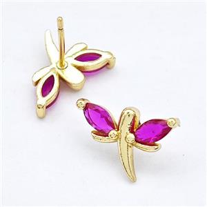 Copper Dragonfly Stud Earrings Pave Fuchsia Zirconia Gold Plated, approx 10-15mm [FN41741]