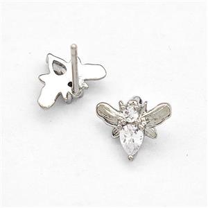 Copper Honeybee Stud Earrings Pave Zircon Platinum Plated, approx 8-10mm [FN41743]