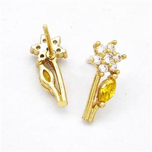 Copper Flower Stud Earrings Pave Zircon Gold Plated, approx 6-15mm [FN41749]