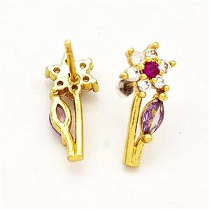 Copper Flower Stud Earrings Pave Zircon Gold Plated, approx 6-15mm [FN41751]