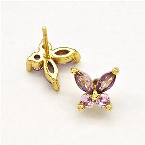 Copper Butterfly Stud Earrings Pave Zirconia Gold Plated, approx 8mm [FN41758]