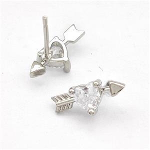 Copper Stud Earrings Pave Zircon Cupids Arrow Heart Platinum Plated, approx 6-14mm [FN41761]