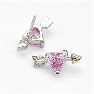 Copper Stud Earrings Pave Pink Zircon Cupids Arrow Heart Platinum Plated, approx 6-14mm [FN41762]