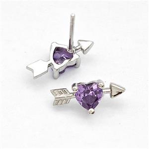 Copper Stud Earrings Pave Purple Zircon Cupids Arrow Heart Platinum Plated, approx 6-14mm [FN41763]