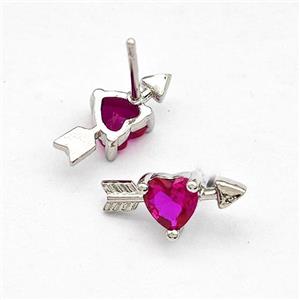 Copper Stud Earrings Pave Fuchsia Zircon Cupids Arrow Heart Platinum Plated, approx 6-14mm [FN41764]