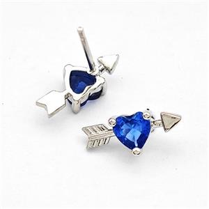 Copper Stud Earrings Pave Blue Zircon Cupids Arrow Heart Platinum Plated, approx 6-14mm [FN41765]