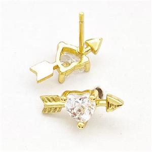 Copper Stud Earrings Pave Zircon Cupids Arrow Heart Gold Plated, approx 6-14mm [FN41766]