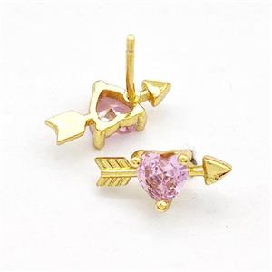 Copper Stud Earrings Pave Pink Zircon Cupids Arrow Heart Gold Plated, approx 6-14mm [FN41767]
