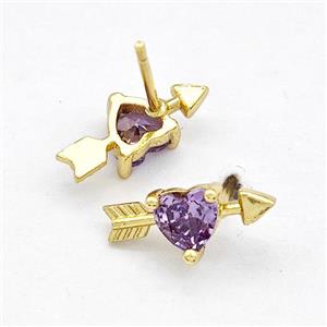 Copper Stud Earrings Pave Purple Zircon Cupids Arrow Heart Gold Plated, approx 6-14mm [FN41768]