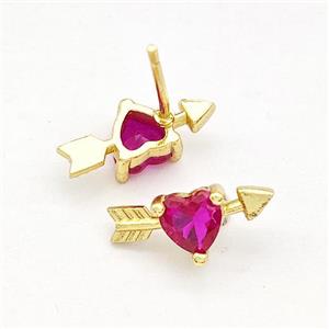Copper Stud Earrings Pave Fuchsia Zircon Cupids Arrow Heart Gold Plated, approx 6-14mm [FN41769]