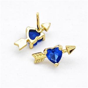 Copper Stud Earrings Pave Blue Zircon Cupids Arrow Heart Gold Plated, approx 6-14mm [FN41770]