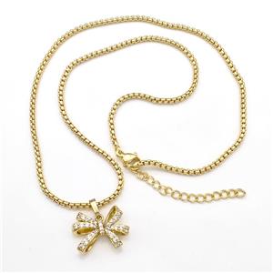 Copper Necklaces Bow Pave Zircon Gold Plated, approx 15-19mm, 2mm, 43-48cm length [FN41802]