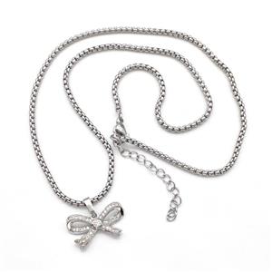 Copper Necklaces Bow Pave Zircon Platinum Plated, approx 11-19mm, 2mm, 43-48cm length [FN41803]