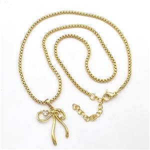 Copper Necklaces Bow Pave Zircon Gold Plated, approx 18-22mm, 2mm, 43-48cm length [FN41808]