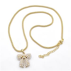 Copper Necklaces Bow Pave Pearlized Resin Gold Plated, approx 20mm, 2mm, 43-48cm length [FN41810]