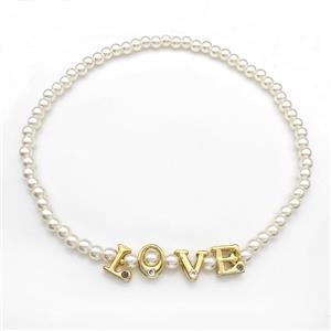 Pearlized Plastic Bracelets LOVE Stretchy Gold Plated, approx 10-12mm, 6mm, 13cm dia [FN41827]