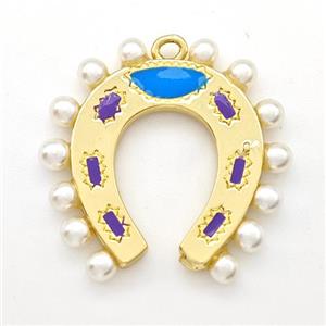Copper Horseshoe Pendant Pave Pearlized Resin Gold Plated, approx 23mm [FN41863]