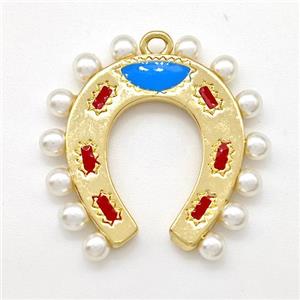 Copper Horseshoe Pendant Pave Pearlized Resin Gold Plated, approx 23mm [FN41866]