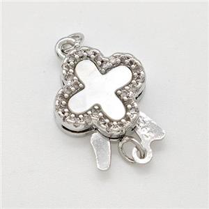 Copper Slider Clasp Pave Shell Zirconia Clover Platinum Plated, approx 12mm [FN41905]