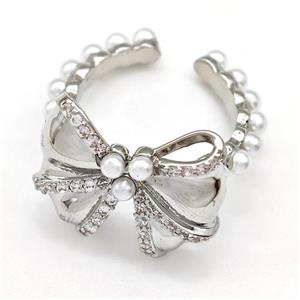 Copper Bow Rings Pave Pearlized Resin Zirconia Platinum Plated, approx 16-21mm, 18mm dia [FN41912]