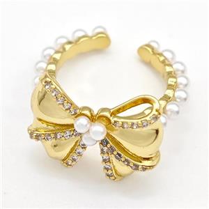 Copper Bow Rings Pave Pearlized Resin Zirconia Gold Plated, approx 16-21mm, 18mm dia [FN41913]
