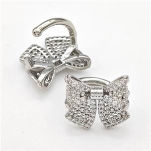 Copper Bow Clip Earrings Pave Zirconia Platinum Plated, approx 13-14mm, 13mm dia [FN41914]