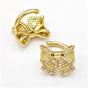 Copper Bow Clip Earrings Pave Zirconia Gold Plated, approx 13-14mm, 13mm dia [FN41915]