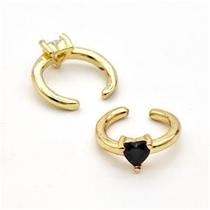 Copper Clip Earrings Pave Black Crystal Glass Heart Gold Plated, approx 4mm, 14mm dia [FN41918]