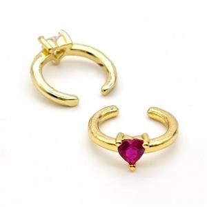 Copper Clip Earrings Pave Fuchsia Crystal Glass Heart Gold Plated, approx 4mm, 14mm dia [FN41919]