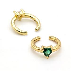 Copper Clip Earrings Pave Green Crystal Glass Heart Gold Plated, approx 4mm, 14mm dia [FN41920]