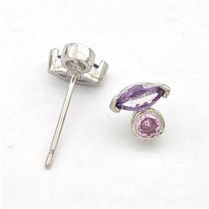 Copper Stud Earrings Pave Purple Zirconia Eye Platinum Plated, approx 7mm [FN41923]