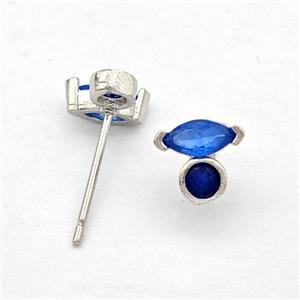 Copper Stud Earrings Pave Blue Zirconia Eye Platinum Plated, approx 7mm [FN41924]