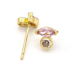 Copper Stud Earrings Pave Pink Zirconia Eye Gold Plated, approx 7mm [FN41925]