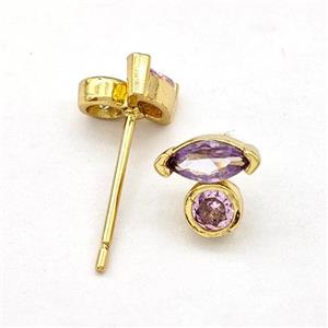 Copper Stud Earrings Pave Purple Zirconia Eye Gold Plated, approx 7mm [FN41926]