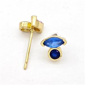 Copper Stud Earrings Pave Blue Zirconia Eye Gold Plated, approx 7mm [FN41927]