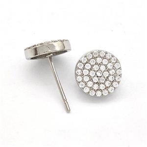 Copper Stud Earrings Pave Zirconia Circle Platinum Plated, approx 9mm [FN41931]