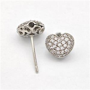 Copper Stud Earrings Pave Zirconia Heart Platinum Plated, approx 9mm [FN41933]
