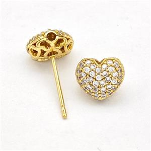 Copper Stud Earrings Pave Zirconia Heart Gold Plated, approx 9mm [FN41934]